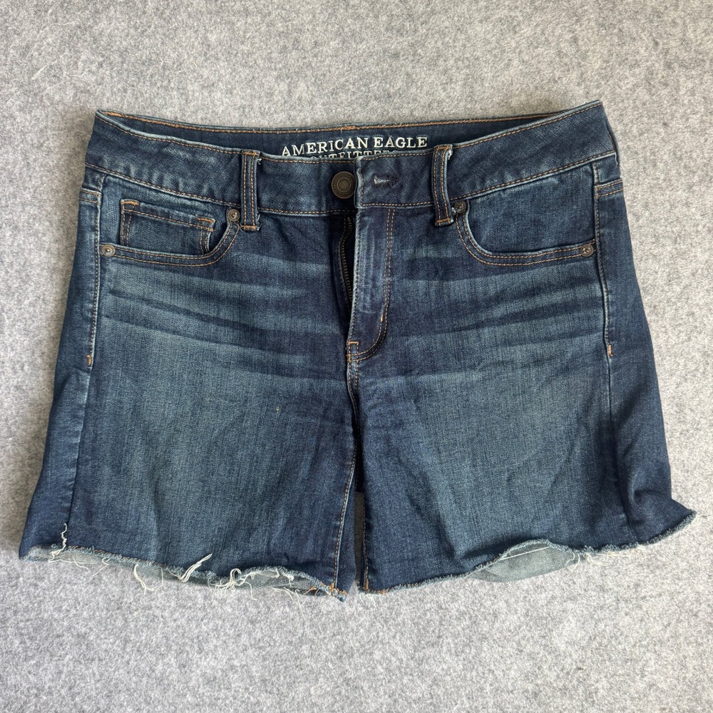 American Eagle Womens 360 Super Stretch Denim Shorts 8 Blue Dark Wash Raw Hem